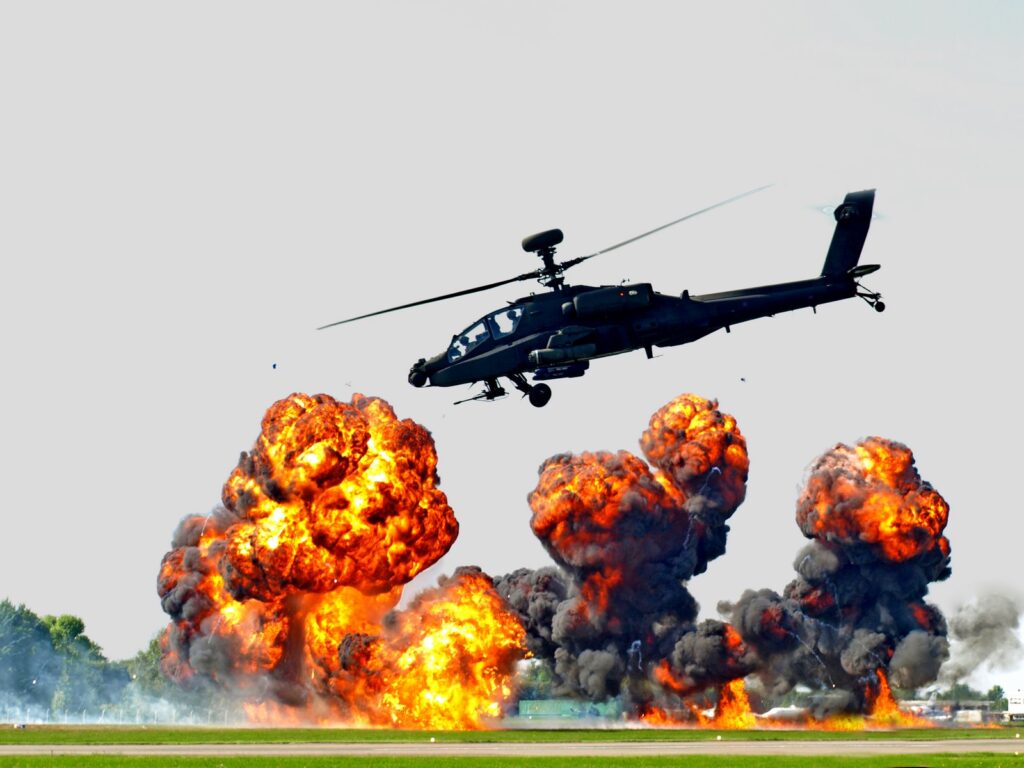 Pyrotechnics are often used sa part of the AH-64 display.