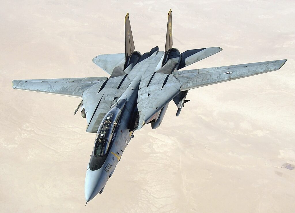 An F-14D flying a mission over the Persian Gulf.