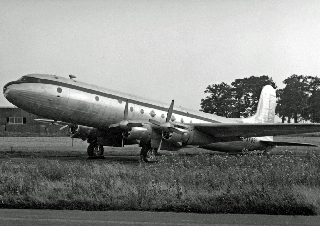 An Avro Tudor parked on a grassfield at Stansted airport.