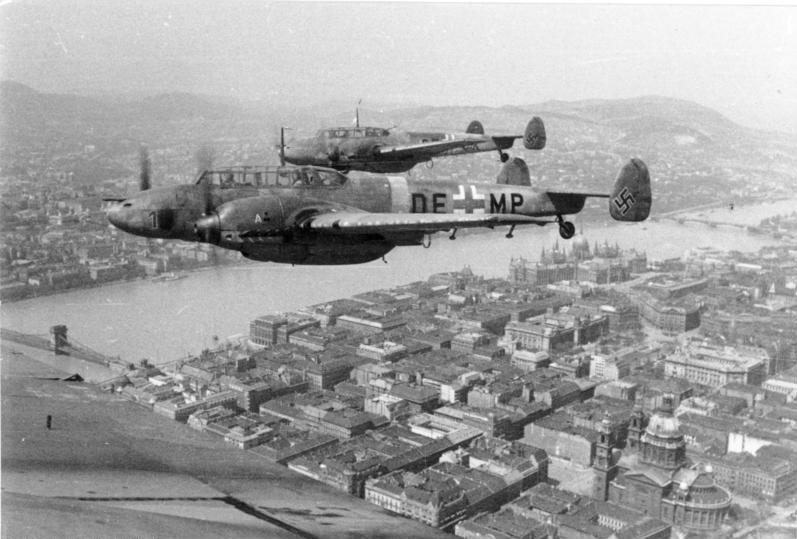 Bf 110s flying over Budapest.