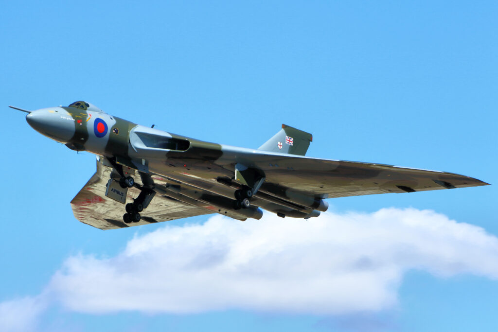The unmistakable shape of XH558.