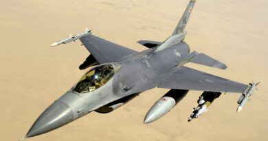 An F-16C flying through the air above the desert.