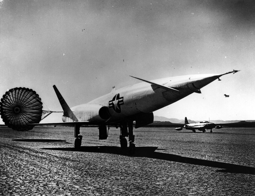 An X-10 with parachute deployed.