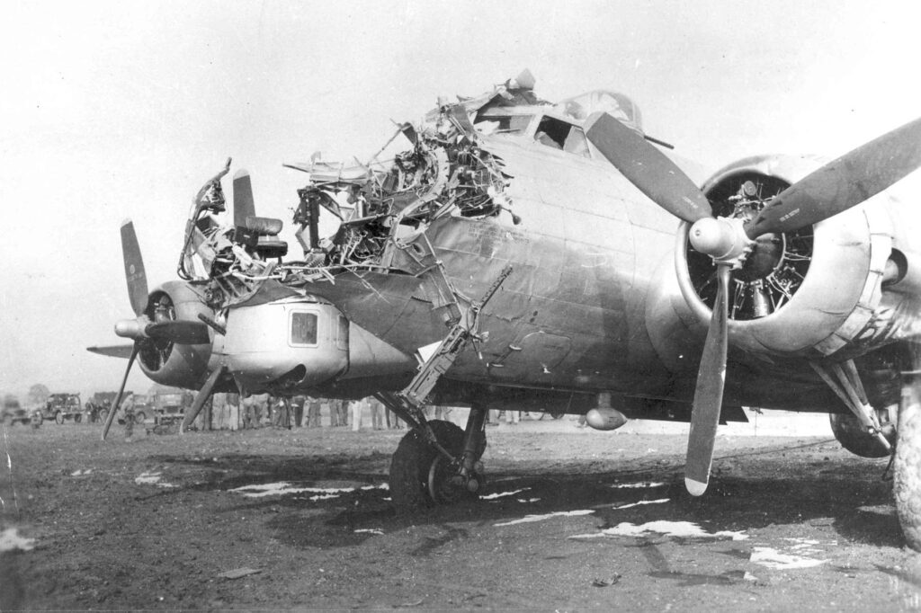 Flak damage completely destroyed the nose section of this B-17G.