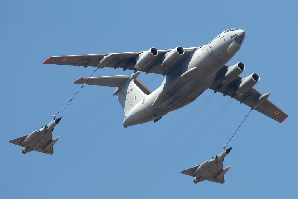 An Il-78 of the Indian Air Force refueling a pair of Mirages.