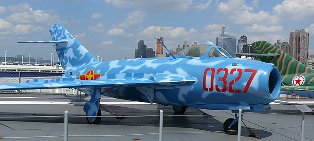 A MiG 17 sat on the deck of the Intrepid.