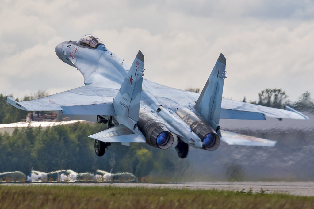 Su-35S Flanker E taking off under full afterburner.