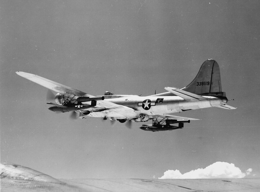 B-17 bomber carrying two JB-2s.