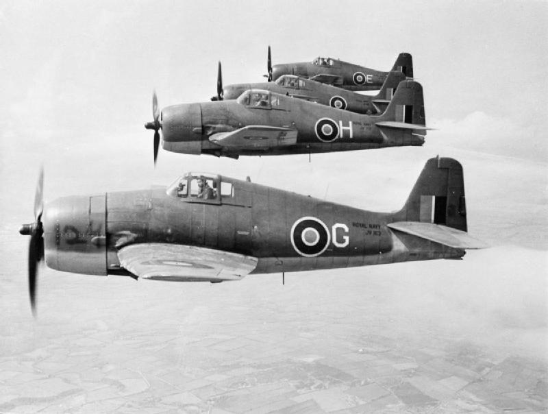 Four F6F Hellcats of the RAF in formation from the lefthand side.