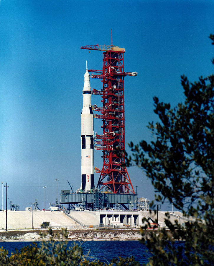 Saturn V rocket on the launch pad.