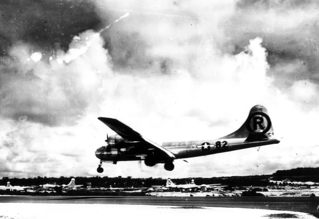 Enola Gay landing after dropping the atomic bomb on Hiroshima.