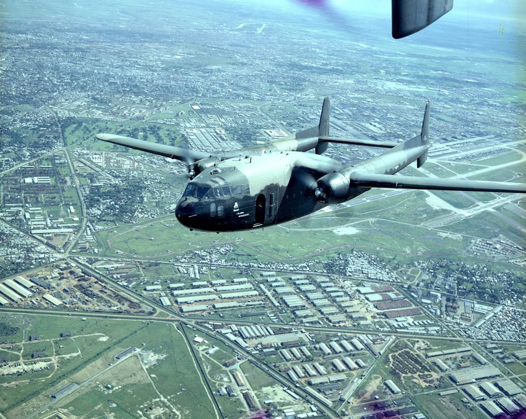 A U.S. Air Force Fairchild AC-119G Shadow over Tan Son Nhut Air Base.
