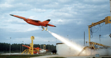 A Firebee drone leaves its launch pad during the air-to-air combat training exercise William Tell '82. The drone will serve as a target for aircraft participating in the exercise.