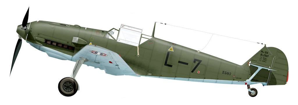 A drawing of an early Bf 109 E-3 in a colour scheme used by JG 52. 