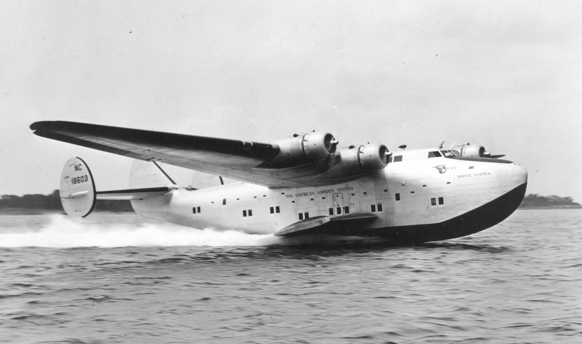 The Boeing 314 Clipper taking off.