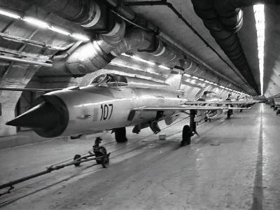 MiG-21s in the underground section of the airbase.