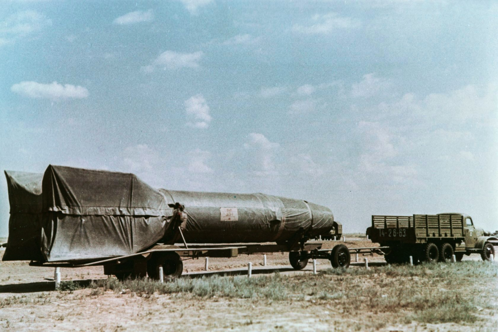 R-1 rocket (V-2 rebuilt by the Soviet Union) on a Vidalwagen at Kapustin Yar