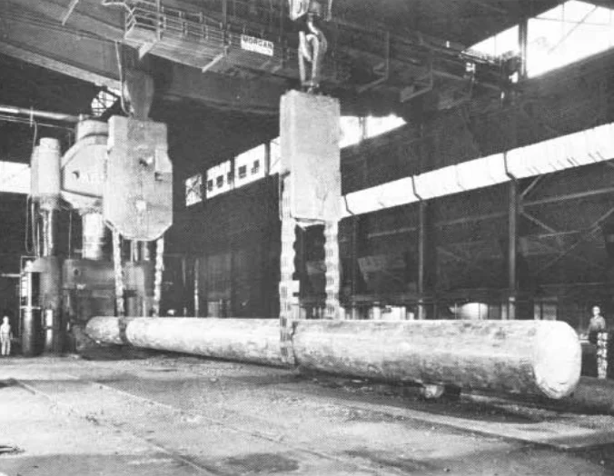 The forging of one of the steel columns for the 50,000 ton press.