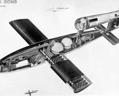 Cutaway drawing of a V-1 showing fuel cells, warhead and other equipment.