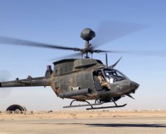 A U.S. Army Bell OH-58 Kiowa Warrior helicopter from Delta Troop, 1-4 Cavalry, 1st Infantry Division,