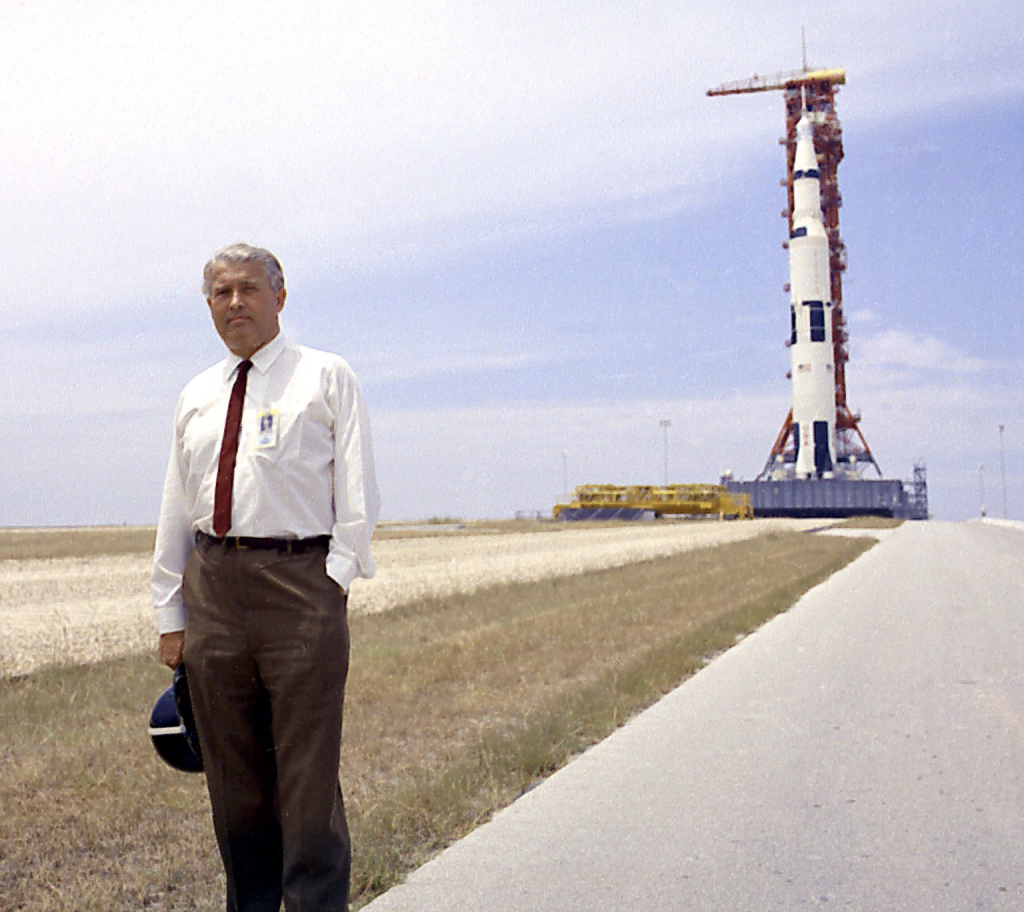 Dr. von Braun pauses in front of the Apollo 11/Saturn V at the Kennedy Space Center (KSC). (NASA MSFC-6901046)