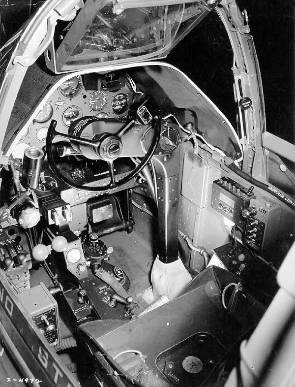 View of a P-38G cockpit. Note the yoke, rather than the more-usual stick.