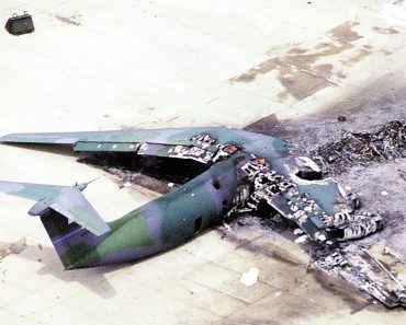 C-141 wreckage viewed from above on the Green Ramp.