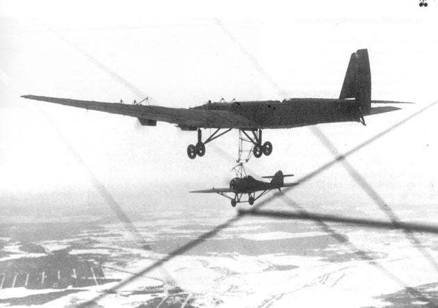 TB-3 docking with a Grigorovich I-Z under the fuselage.