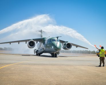The KC-390 getting a water cannon salute. Photo credit - Ministerio da Defesa CC BY 2.0.